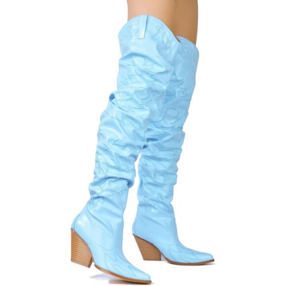 Women Blue Fabric Thigh High Over The Knee Pointed Toe Chunky Heels Tall Boot - Picture 3 of 4